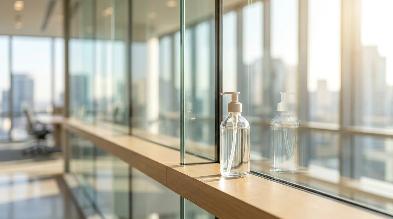 Bouteille d'alcool ménager à côté d'une vitre parfaitement propre