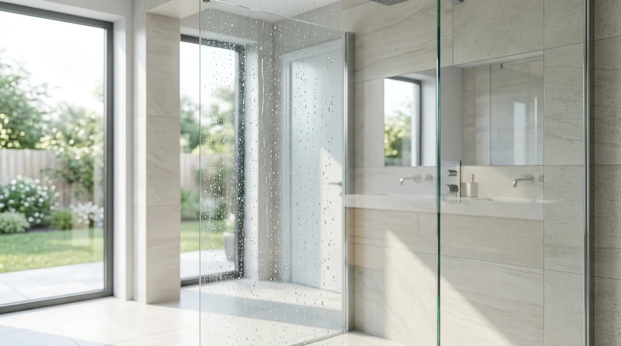Paroi de douche en verre parfaitement propre dans une salle de bain moderne