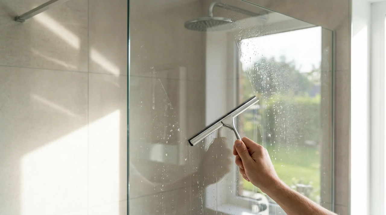 Passage d'une raclette sur une paroi de douche en verre
