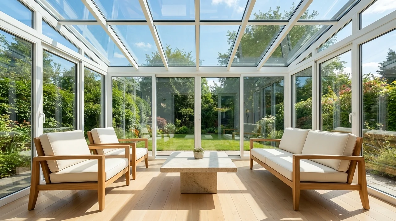 Intérieur lumineux d'une véranda aux vitres parfaitement propres
