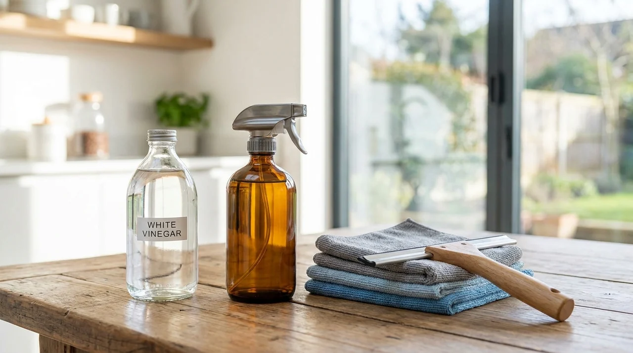 Produits naturels pour nettoyer les vitres : vinaigre blanc, microfibre et raclette
