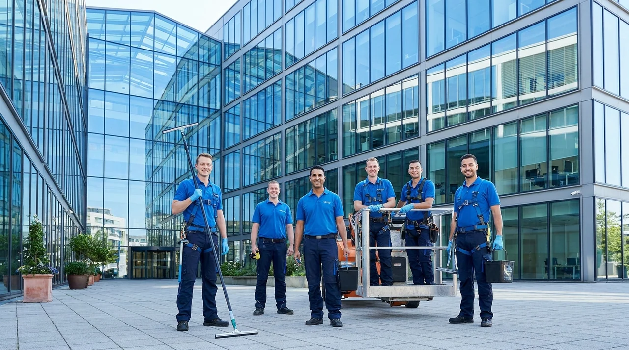 Équipe d'une entreprise de nettoyage de vitres devant un bâtiment