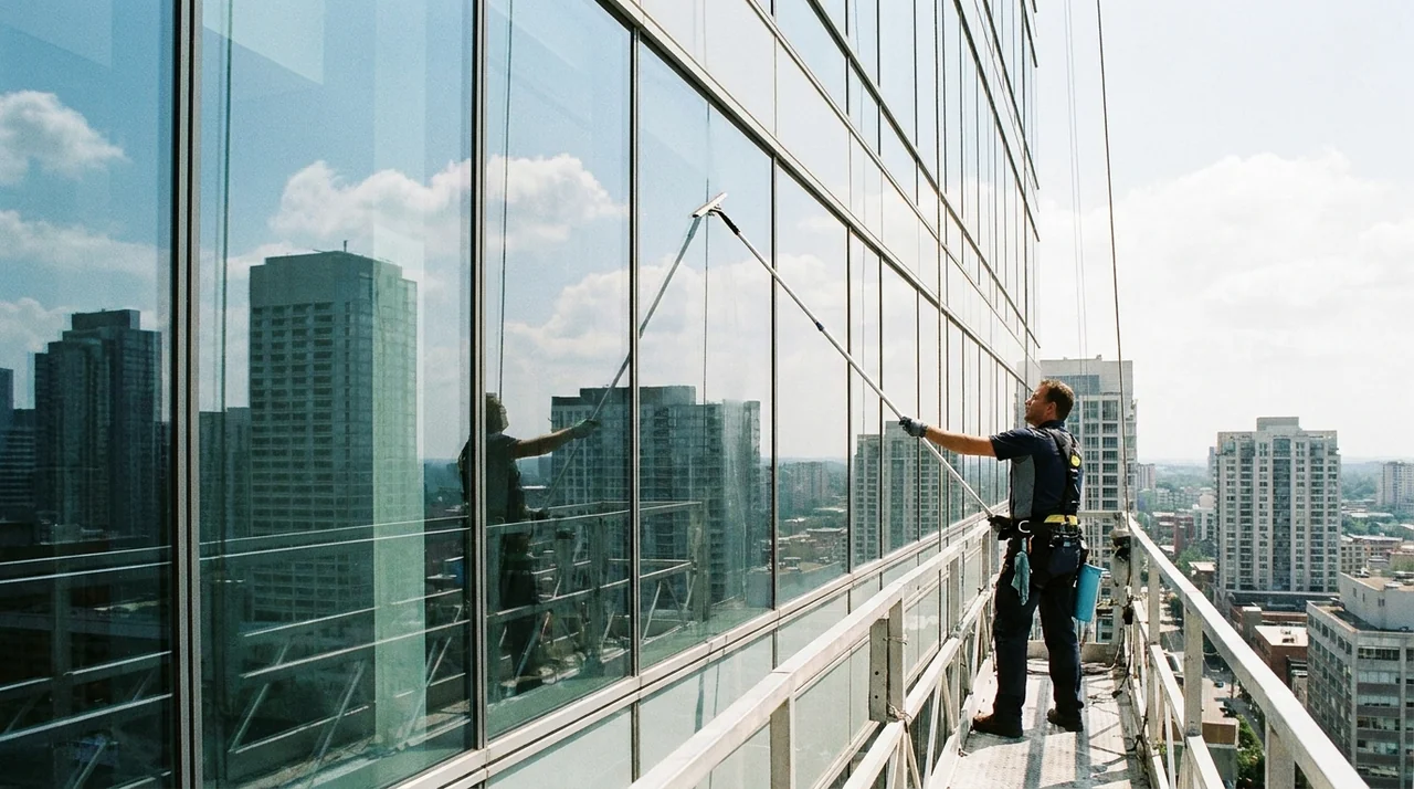 Nettoyage de la façade vitrée d'un immeuble de bureaux par une entreprise spécialisée