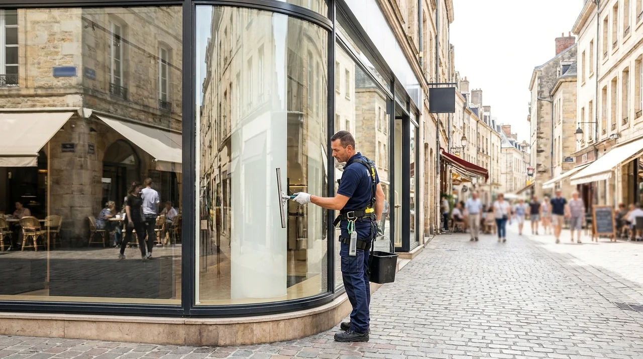 Vitrine de commerce nettoyée par un professionnel dans une rue de centre-ville