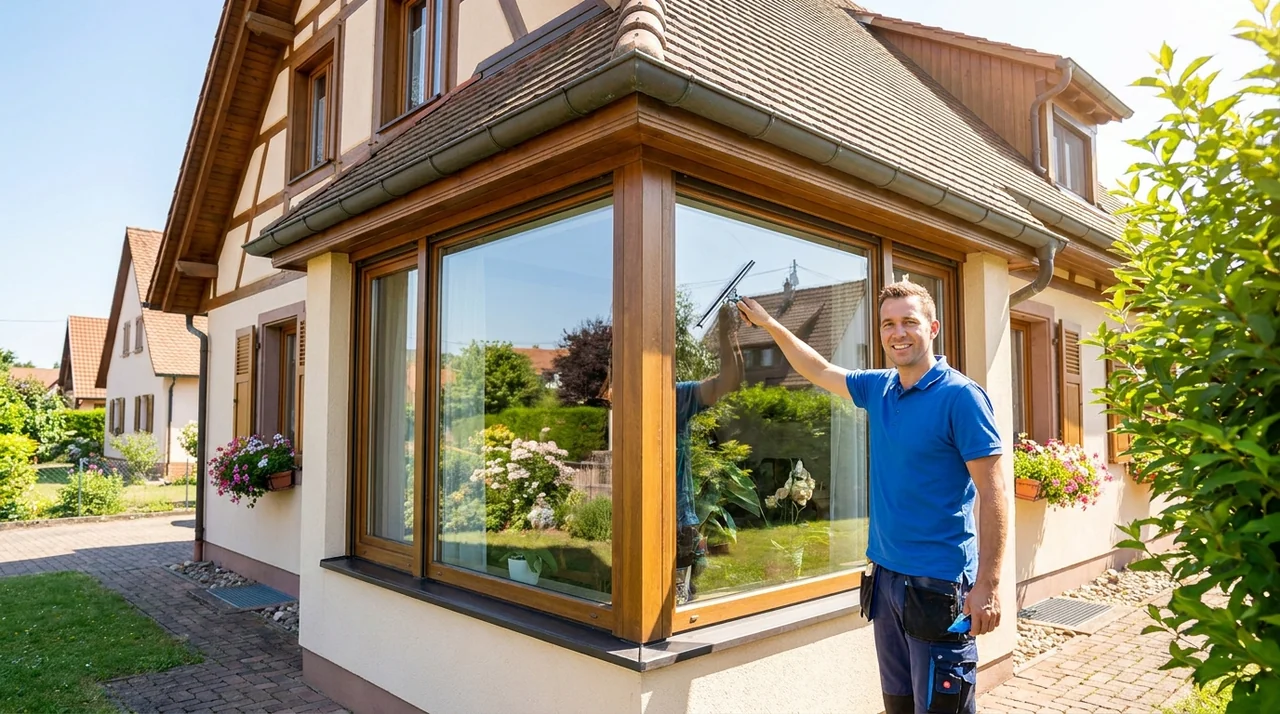 Laveur de vitres professionnel nettoyant une grande baie vitrée à la raclette
