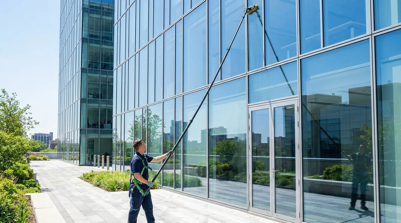 Nettoyage de vitres en hauteur à la perche télescopique sur la façade d'un bâtiment