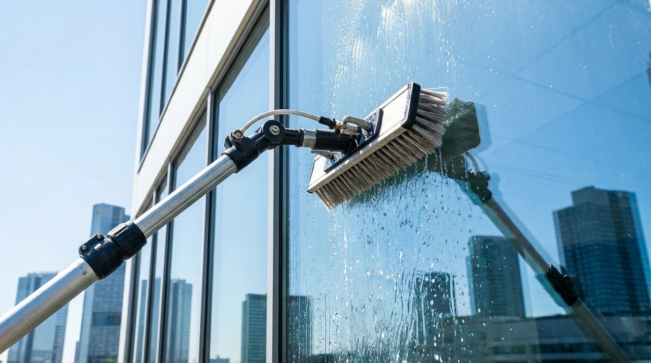 Tête de brosse d'une perche à eau osmosée rinçant une vitre en hauteur