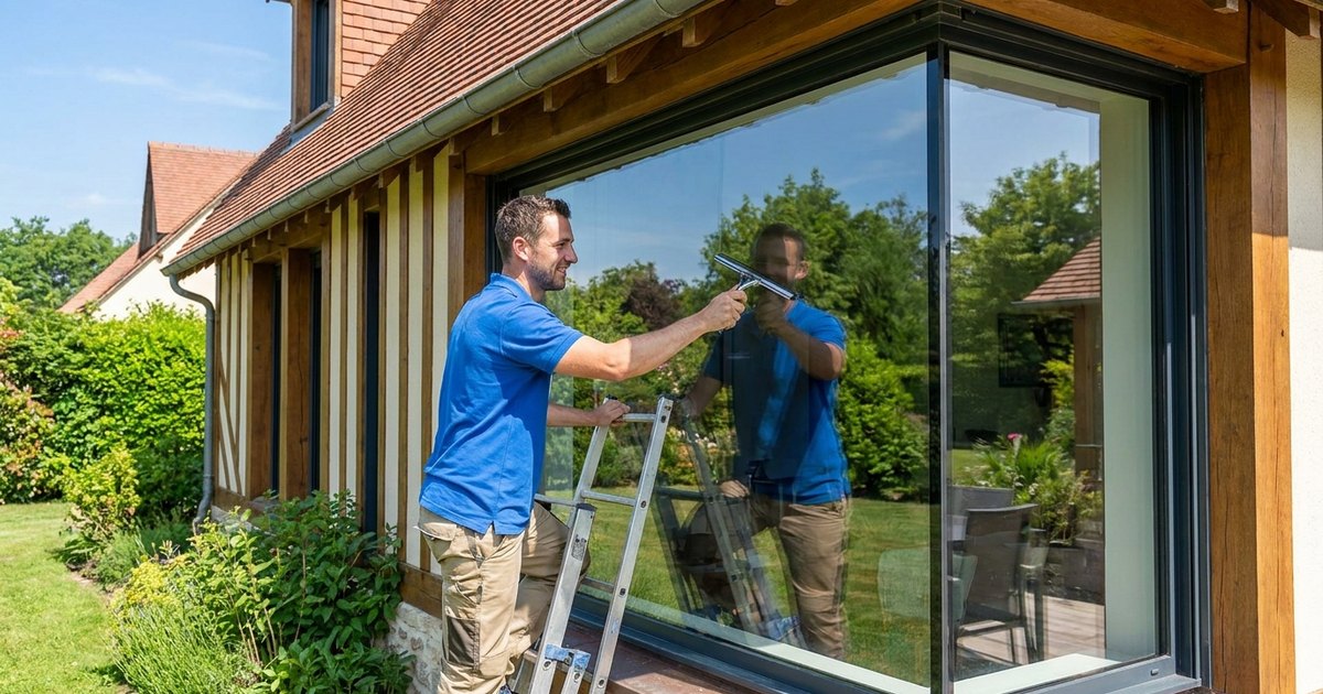 Laveur de vitres professionnel nettoyant une grande baie vitrée