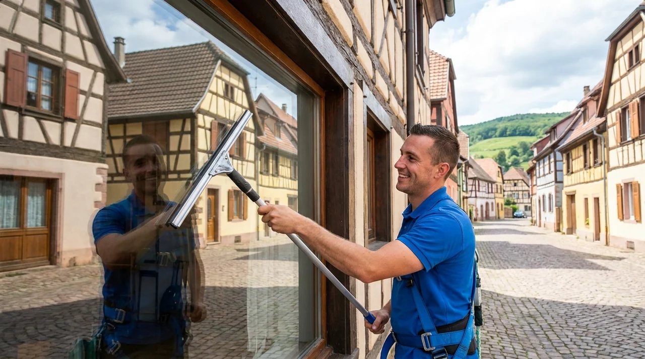 Nettoyage de vitres et de vitrines sur un bâtiment à Bartenheim