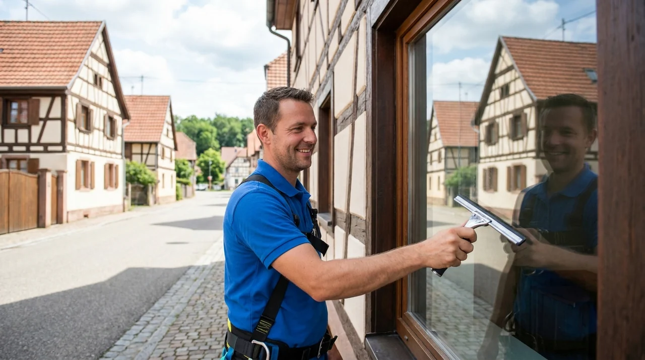 Nettoyage de vitres et de vitrines sur un bâtiment à Blotzheim