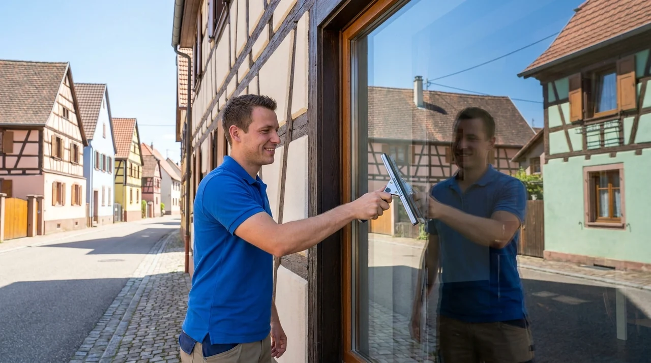 Nettoyage de vitres et de vitrines sur un bâtiment à Hégenheim