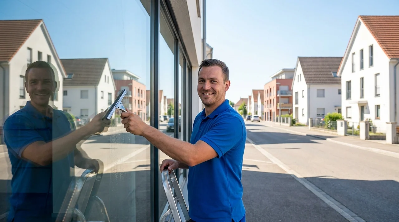 Nettoyage de vitres et de vitrines sur un bâtiment à Huningue