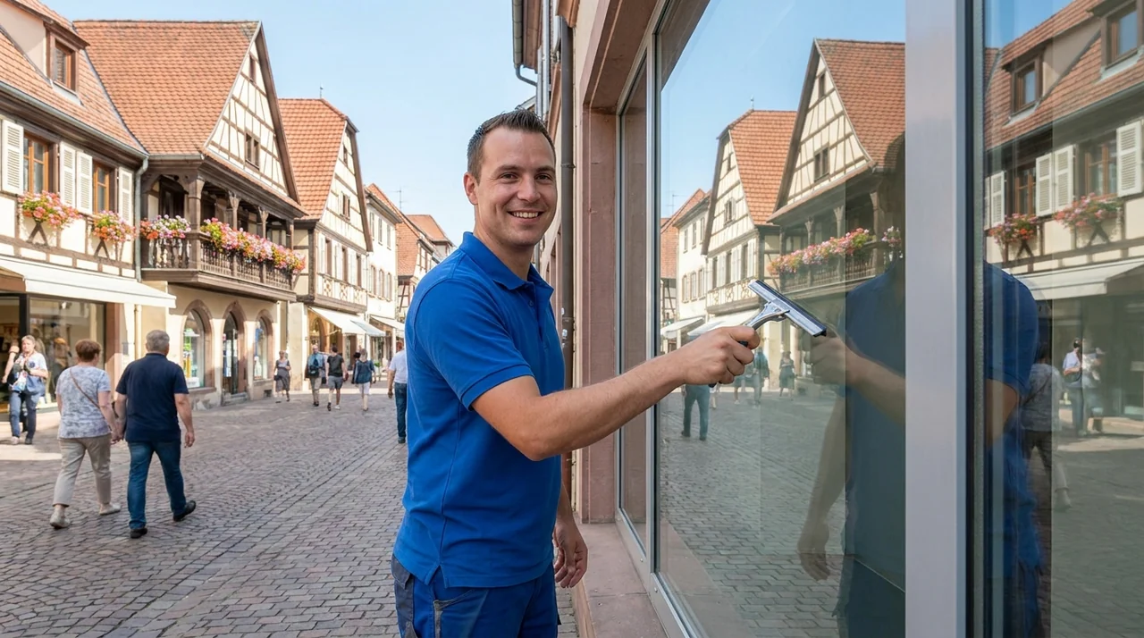 Nettoyage de vitres et de vitrines sur un bâtiment à Kingersheim