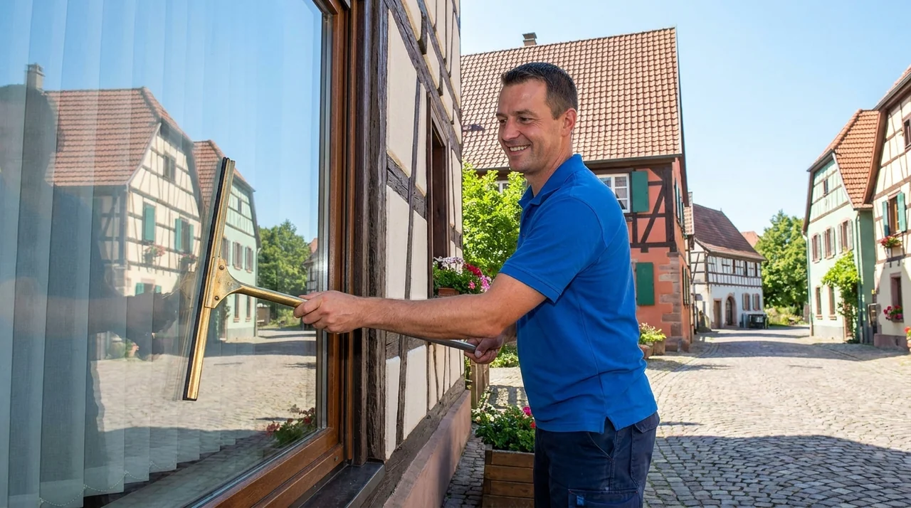 Nettoyage de vitres et de vitrines sur un bâtiment à Lutterbach