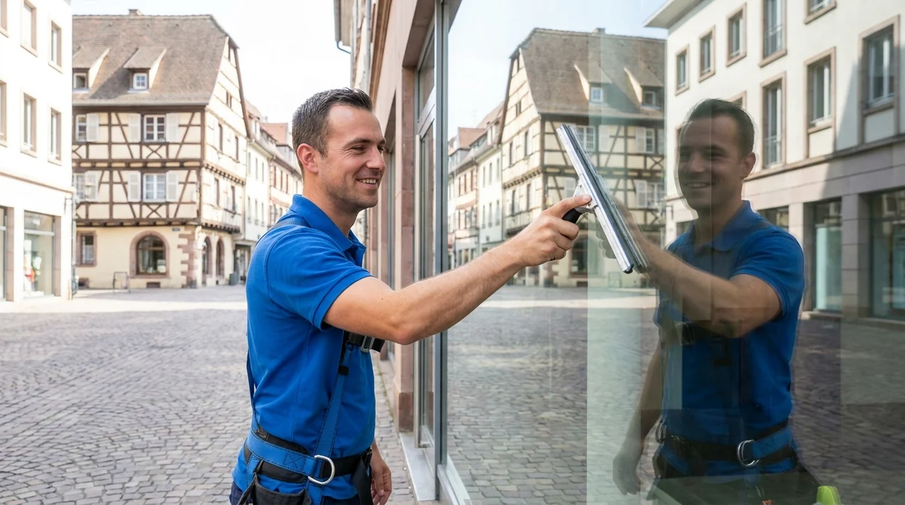 Nettoyage de vitres et de vitrines sur un bâtiment à Mulhouse