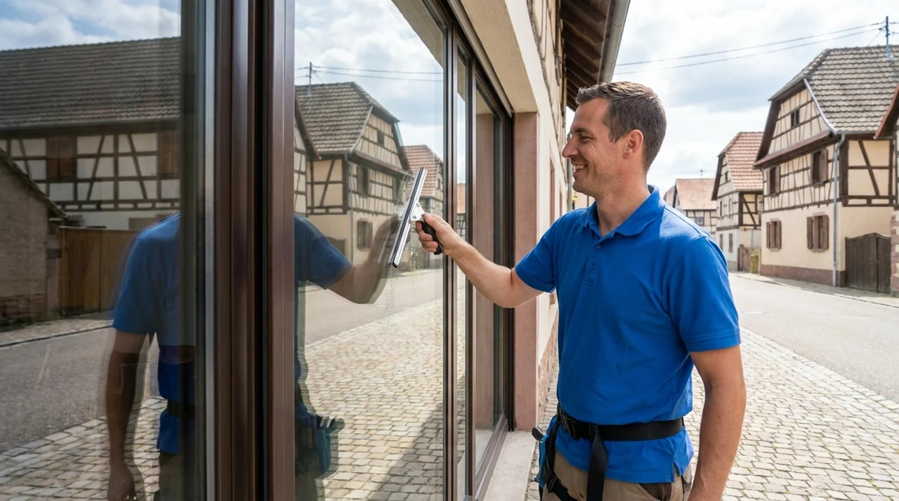 Nettoyage de vitres et de vitrines sur un bâtiment à Ruelisheim