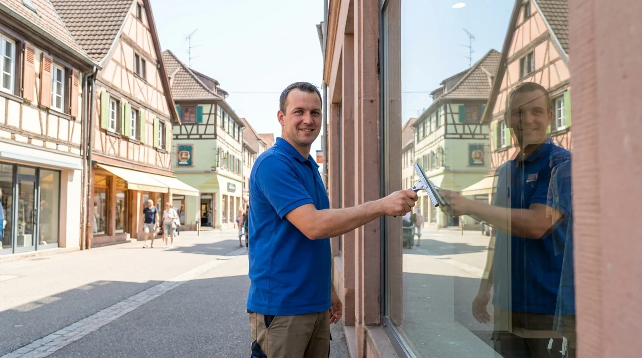 Nettoyage de vitres et de vitrines sur un bâtiment à Saint-Louis