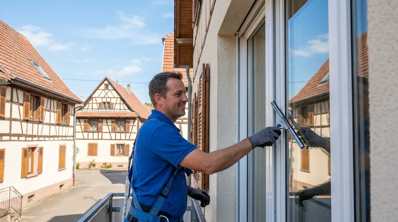 Nettoyage de vitres et de vitrines sur un bâtiment à Zillisheim